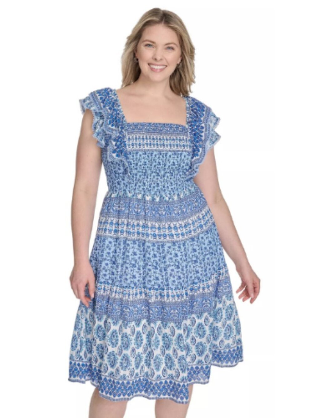Eliza J Plus Size Blue White Smocked Waist Ruffle Sleeves Size Day Dress 18W